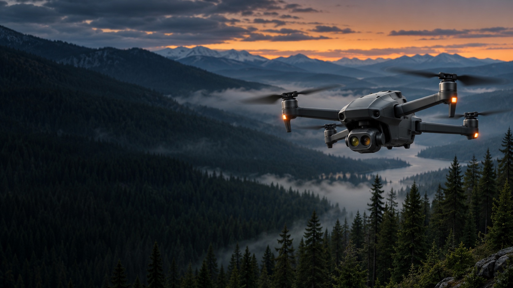Thermal-camera drone flying above a forested mountain valley